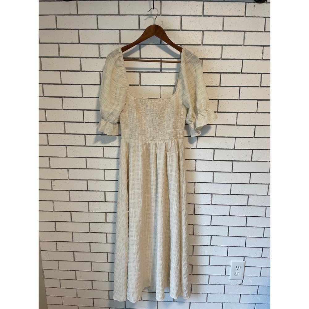 Altar'd State Ivory Smocked Midi Dress Square Neck Puff Sleeve Cottagecore M
